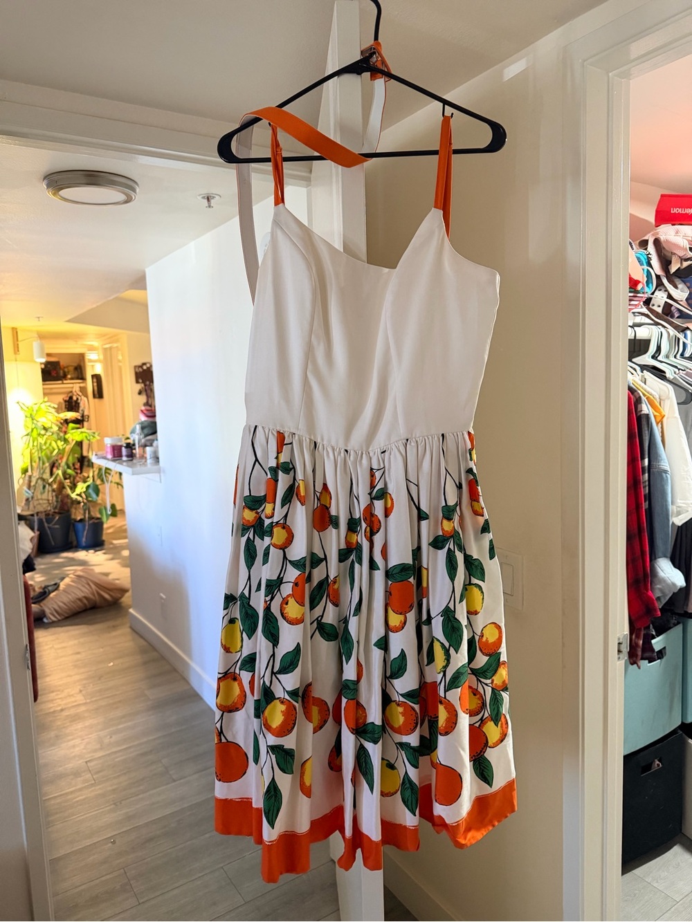 Pinup Couture White Sundress with Orange Fruit Print and Orange Straps